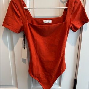 Babaton Burnt Orange Square-Neck Short Sleeve Bodysuit